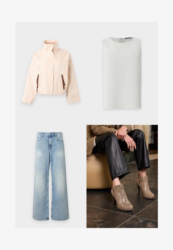 Veste courte beige avec col montant, manches longues, boutons-pression à l'avant et deux poches verticales marron zippées.; Blouse blanche sans manches avec encolure ronde et fermeture éclair visible dans le dos, présentée sur fond blanc uni.; Jeans en denim bleu clair à jambes larges avec poches avant, passants pour ceinture, fermeture par bouton, et légère décoloration sur les cuisses.; Femme assise portant un pantalon en cuir noir et des bottines beige en peau de serpent à talons hauts sur un sol carrelé sombre.