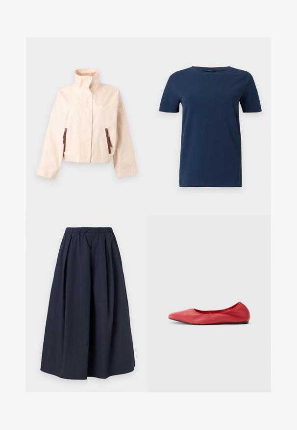 Veste courte beige avec col montant, manches longues, boutons-pression à l'avant et deux poches verticales marron zippées.; T-shirt bleu marine à manches courtes avec col rond, design uni et coupe régulière, présenté sur un fond blanc.; Jupe midi bleu marine taille haute avec une ceinture élastique et de subtiles plis, confectionnée dans un tissu léger.; Filippa K REY FLATS - Ballerines - bright red