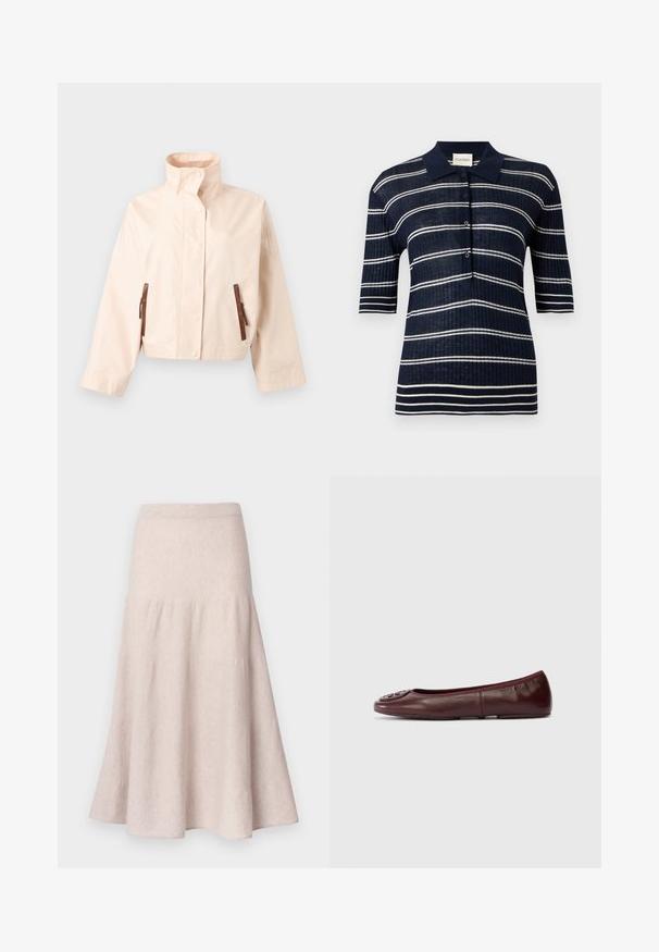 Chaqueta corta beige con cuello alto, mangas largas, botones a presión delanteros y dos bolsillos verticales marrones con cremallera.; Polo de manga corta azul marino con rayas horizontales blancas y tapeta con botones, textura acanalada y cuello puntiagudo.; Falda acampanada de color beige claro hecha de tela suave, con cintura alta y diseño fruncido con una silueta fluida.; Bailarina de cuero burdeos con puntera redondeada y acento de logo texturizado en la parte frontal. Diseño sin costuras y superficie suave. Suela plana.