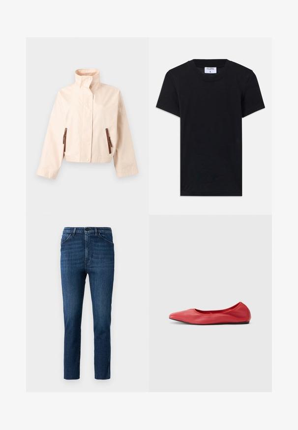 Veste courte beige avec col montant, manches longues, boutons-pression à l'avant et deux poches verticales marron zippées.; T-shirt en coton noir avec un col rond, des manches courtes et une coupe décontractée. L'étiquette indique "FILIPPA K" au niveau du col.; Jeans bleu ajustés avec un design classique à cinq poches et fermeture à bouton, présentant une légère décoloration et une coupe droite épurée.; Filippa K REY FLATS - Ballerines - bright red