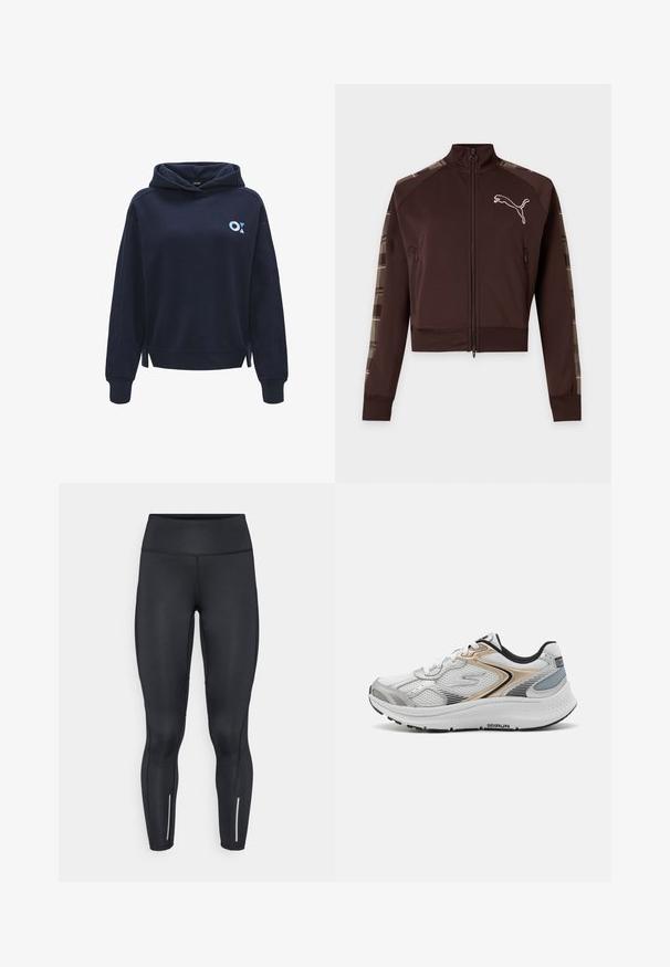 Dunkelbraune Sportjacke mit Reißverschluss und hohem Kragen, gemusterten Streifen an den Ärmeln und weißem Puma-Logo auf der linken Brust.; Dunkelblaues Kapuzen-Sweatshirt aus weichem Stoff, mit einem kleinen hellblauen Logo auf der linken Seite und Schlitzen an dem Saum.; Schwarze Leggings aus elastischem Material mit hohem Bund, ausgestattet mit reflektierenden Akzenten in der Nähe der Knöchel und glatter Textur.; Weißer und silberner Sportschuh mit goldenen Akzenten, Mesh-Obermaterial, gepolstertem Kragen, Schnürverschluss und strukturiertem Profil. Verfügt über elegante Designlinien.