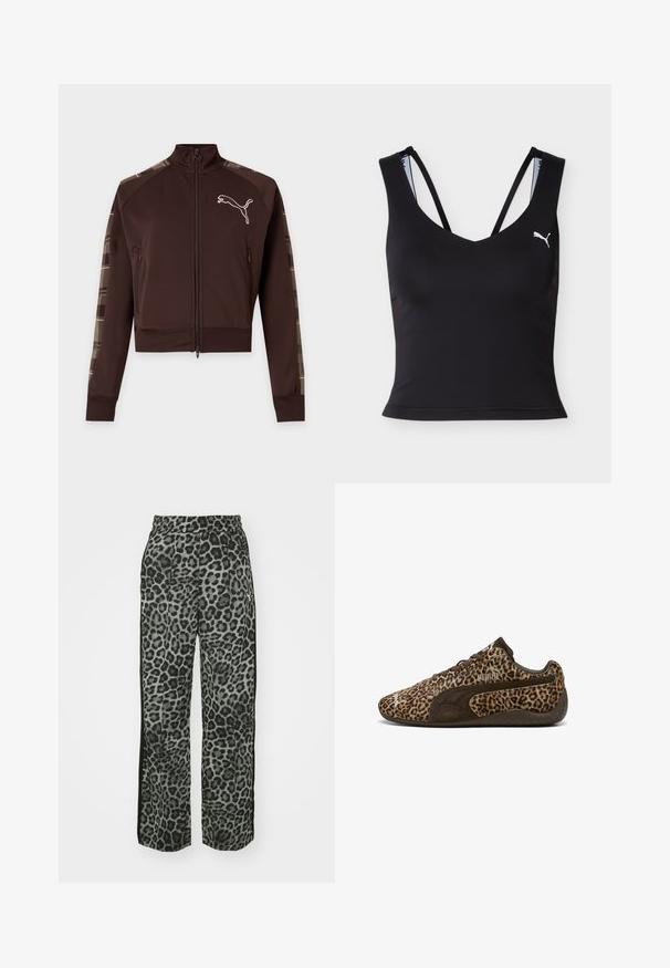Donkerbruine zip-up sportjas met hoge kraag, gestreepte patronen op de mouwen en wit Puma-logo op de linkerborst.; Zwarte cropped atletische tanktop met dunne dubbele bandjes en wit Puma-logo op de linkerborst.; Leopardprintbroek in grijstinten met een relaxed fit, elastische tailleband en zwarte zijaccenten voor extra detail en contrast.; Leopardprint sneakers met bruine suède accenten, lage profiel, vetersluiting, textuur bovenkant en rubberen zool. PUMA-logo weergegeven.