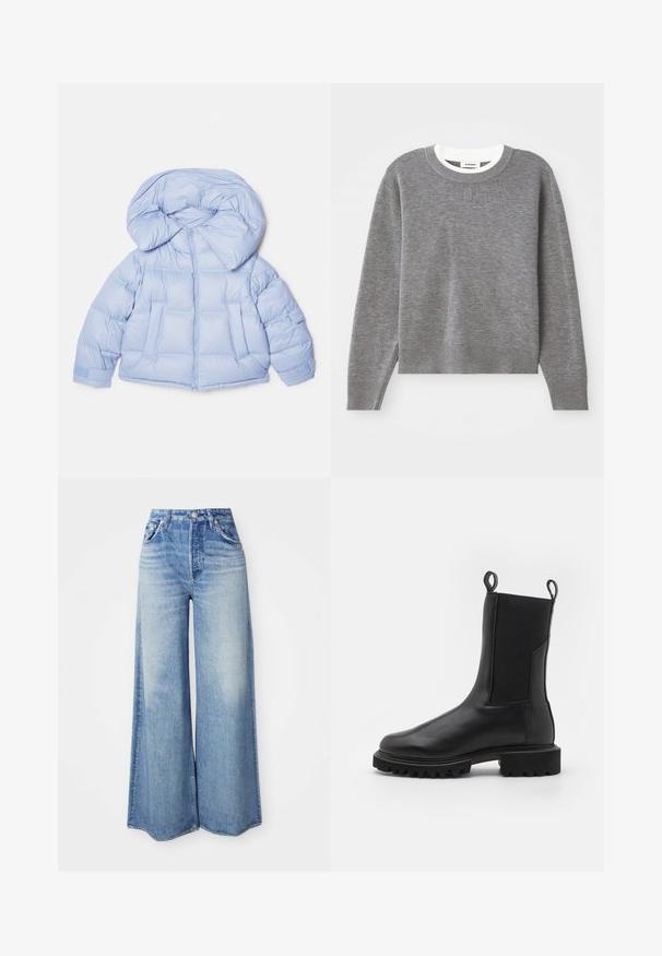 Light blue puffer jacket with a large hood, zip closure, and quilted design. Features two front pockets and elastic cuffs for a snug fit.; Gray sweater with long sleeves, round neckline, and ribbed cuffs and hem. Features a textured knit and a small logo on the chest.; Wide-leg jeans made of light blue denim, featuring a high waist, five-pocket design, faded wash, and frayed hem.; AllSaints HALLIE - Platform ankle boots - black