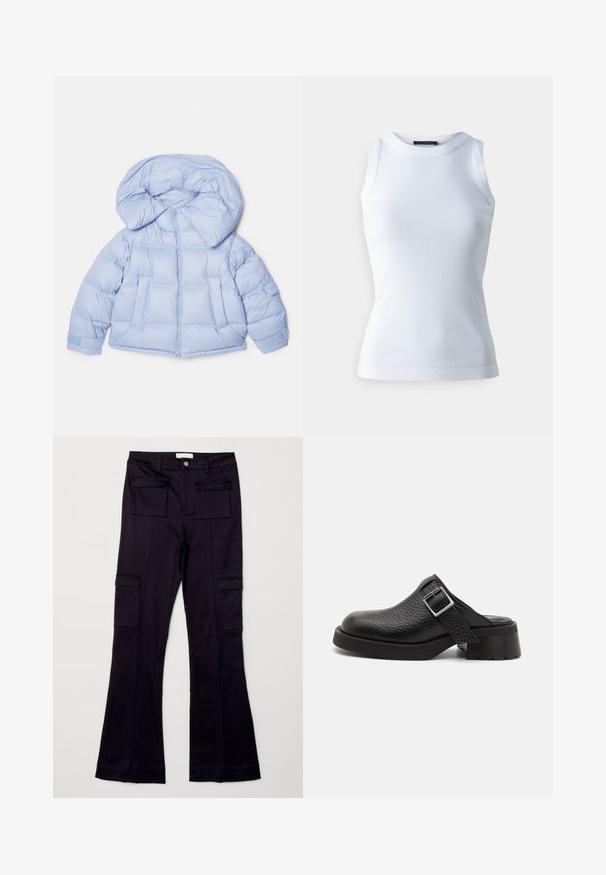 Helleblaue Steppjacke mit großer Kapuze, Reißverschluss und gesteppter Optik. Verfügt über zwei Fronttaschen und elastische Bündchen für eine bequeme Passform.; Weißes ärmelloses Oberteil aus geripptem Stoff, mit rundem Halsausschnitt und figurbetonter Silhouette. Glatte Textur, keine sichtbaren Muster oder Akzente.; Schwarze ausgestellte Cargo-Hosen mit zwei frontalen Taschen und zwei seitlichen Taschen, aus einem glatten Stoff mit einem subtilen Glanz.; Schwarze Lederclogs mit strukturierter Oberfläche, verstellbarem Schnallenriemen und einem stabilen Absatz. Glatte, runde Zehenform mit einer soliden schwarzen Sohle.