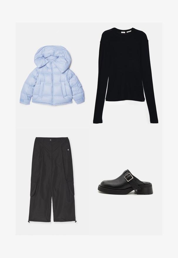 Lys blå pufferjakke med en stor hætte, lynlås og quiltet design. Har to frontlommer og elastiske manchetter for en tætsiddende pasform.; Sort langærmet bluse lavet af blødt stof, med rund halsudskæring og en afslappet pasform med sideslids i kanten for nem bevægelse.; Svarte cargo-bukser lavet af letvægtsstof har sidelommer, justerbar snorekant og knaplukning.; Sorte lædertræsko med en tekstureret overflade, justerbar spændebånd og en kraftig hæl. Glat, afrundet tådesign med en solid sort sål.