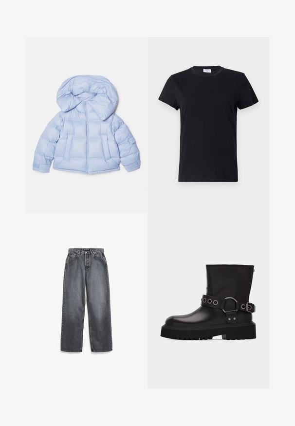 Helleblaue Steppjacke mit großer Kapuze, Reißverschluss und gesteppter Optik. Verfügt über zwei Fronttaschen und elastische Bündchen für eine bequeme Passform.; Schwarzes T-Shirt mit kurzen Ärmeln aus Baumwolle, mit Rundhalsausschnitt und einer einfachen, glatten Textur ohne bedrucktes Design oder Akzente.; Dunkelgraue Jeans mit weitem Bein, Vordertaschen, Gürtelschlaufen, Knopf- und Reißverschluss.; Schwarzer Lederstiefel bis zur Mitte der Wade mit dicker Profilsohle, dekorativem Riemen mit silbernen Metallösen und Schnalle an der Seite.