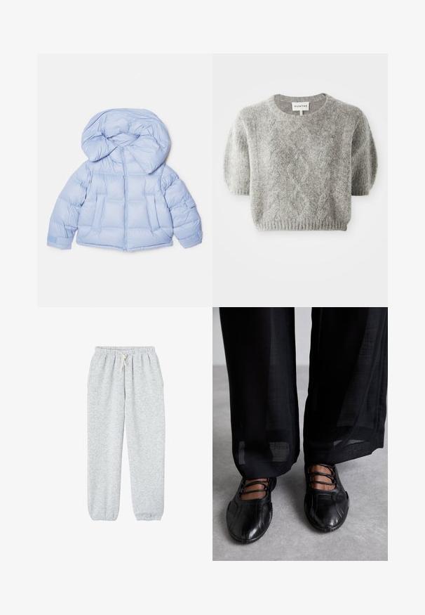 Hele sinine puffjakiga, millel on suur kapuuts, tõmblukk ja tikandiga disain. Omab kahte esist taskut ja elastseid mansette mugava istuvuse tagamiseks.; Halluxi lühikeste varrukatega hall pullover, millel on soonikkoes muster ja ribavarred. Valmistatud pehmest, tekstureeritud materjalist. Brändi silt on kaelusel nähtav.; Hallkondid pehmetest kangast hallid dressipüksid, millel on elastne vöökoht koos nööriga ja elastsed mansetid pahkluudel.; MIISTA AVERIE - Pahkluurihmadega baleriinad - black