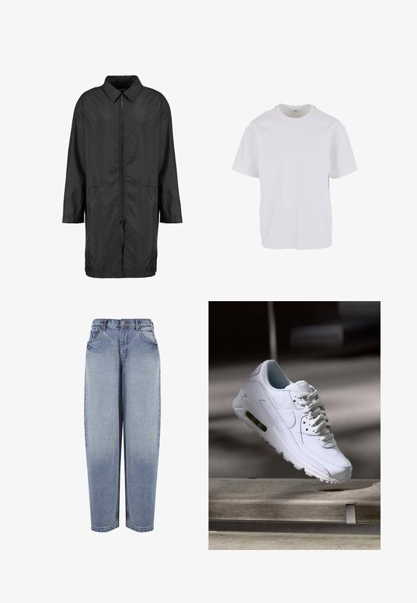Schwarze Windjacke aus leichtem Material mit kragenfreiem Halsbereich, vollem Reißverschluss und zwei Fronttaschen; entspannte Passform, knielang.; Weißes kurzärmeliges T-Shirt aus weicher Baumwolle, mit rundem Ausschnitt und lockerer Passform sowie geradem Saum. Keine Muster oder Akzente sichtbar.; High-waisted, locker sitzende blaue Jeans mit Vordertaschen, Gürtelschlaufen, Knopfverschluss und ausgebleichten Details entlang der Beine.; Weiße Lederturnschuhe mit strukturierten Oberflächen, gepolstertem Kragen und sichtbarer Luftpolsterung in der Sohle. Verfügt über Schnürsenkel und ein minimalistisches Design.
