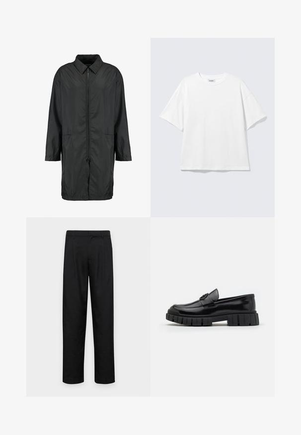 Sort vindjakke lavet af letvægtsmateriale med kravehals, fuld lynlås og to forlommer; afslappet pasform, knælang.; Hvid oversized t-shirt med korte ærmer og rund halsudskæring med sænkede skuldre, fladt lagt på lys grå baggrund.; Sorte bukser lavet af glat stof, med et lige ben-design, to frontfolder og en standard talje med bæltestropper.; Sorte læderloafers med tykke, rillet gummisåler. Har en rund tå og en dekorativ rem med et logoaccent. Glat overflade.
