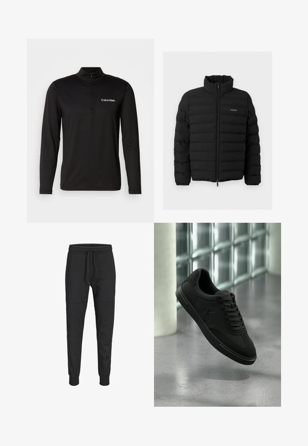Sort quiltet dunjakke med fuld lynlås foran, ståkrave, elastiske manchetter og lille hvid Calvin Klein-logo på brystet.; Sort langærmet pullover med høj krave, halv-zip lukning og struktureret stof. Har et lille hvidt logo på venstre bryst.; Sorte slanke joggebukser med elastisk talje, justerbar snøre, knæ-sømme detaljer og manchetter ved anklerne.; Sort lavtop sneakers med snørebånd og "CK"-logo på siden, svævende over poleret beton gulv nær væg af glasblokke.