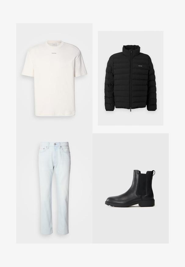 Chaqueta de puff acolchada negra con cremallera frontal completa, cuello alto, puños elásticos y pequeño logo blanco de Calvin Klein en el pecho.; Camiseta de algodón blanca con cuello redondo, mangas cortas y logo bordado de "Calvin Klein" en el centro del pecho. Diseño liso.; Jeans de mezclilla azul claro con corte recto. Cuentan con un cierre de botón y pasadores para cinturón, mostrando una textura desgastada y costuras mínimas.; Botín negro de cuero hasta el tobillo con paneles laterales elásticos, tirador en el talón y suela baja de bloque sobre un fondo liso.