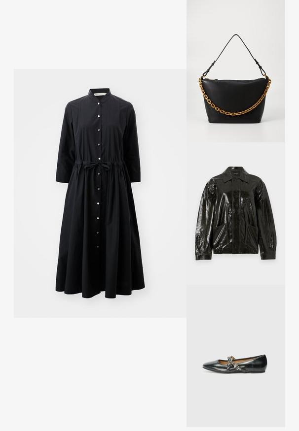 Schwarze, glänzende Lederjacke mit Kragen, Reißverschluss an der Vorderseite und zwei großen aufgesetzten Taschen. Hat eine lockere Passform mit elastischen Bündchen.; Schwarzes Langarmkleid aus Baumwolle mit durchgehender Knopfleiste, tailliertem Bund mit Gürtel und ausgestelltem Rock.; Schwarze Ballettschuhe mit spitzem Zehenbereich und dekorativen, gekreuzten Riemen mit silbernen Ösen, vor einem schlichten weißen Hintergrund.; Schwarze Lederhandtasche mit strukturiertem Design, ausgestattet mit einem klobigen goldenen Kettenriemen und einem abnehmbaren, dünnen Schulterriemen. Reißverschlussverschluss.