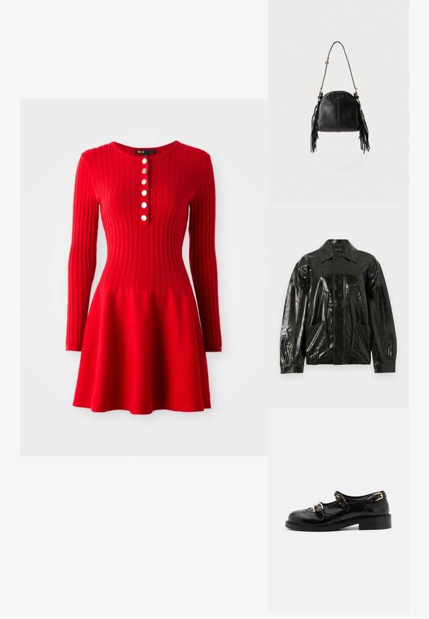 Veste en cuir noir brillant avec un col, fermeture éclair sur le devant et deux grandes poches à rabat. Présente une coupe ample avec des poignets élastiqués.; Robe en tricot côtelé rouge avec manches longues, corsage ajusté et jupe évasée. Présente un col rond et cinq boutons blancs à l'avant.; Chaussures en cuir noir avec détails de brogue, dotées de deux sangles à boucle, d'un bout arrondi et d'un talon bas. Texture lisse avec finition brillante.; Sac à main en cuir noir avec une forme courbée, une longue bandoulière réglable et des franges de chaque côté sur un fond clair.