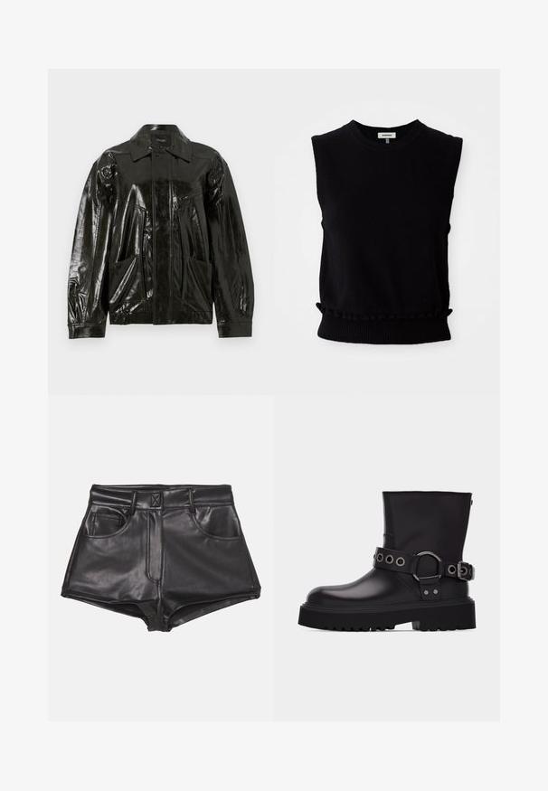 Chaqueta de cuero negra y brillante con cuello, cremallera frontal y dos grandes bolsillos con parche. Tiene un corte holgado con puños elásticos.; Suéter negro sin mangas hecho de material de punto suave. Presenta un cuello redondo y un dobladillo inferior fruncido con ribete acanalado. Diseño simple y moderno.; Pantalones cortos de imitación cuero negros con cintura alta, que cuentan con dos bolsillos frontales, costuras visibles y una textura suave.; Bota negra de cuero hasta la mitad de la pantorrilla con suela gruesa de tacos, correa decorativa con ojales y hebilla de metal plateado en el lateral.