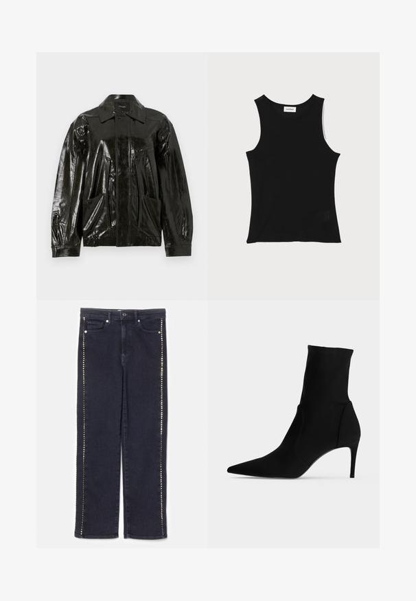 Veste en cuir noir brillant avec un col, fermeture éclair sur le devant et deux grandes poches à rabat. Présente une coupe ample avec des poignets élastiqués.; Débardeur noir à côtes avec un encolure ronde et de larges bretelles, présentant une finition texturée subtile et un petit détail en mesh au bas.; Jean en denim foncé avec une coupe droite, ornée d'une rangée de clous métalliques le long des coutures latérales, apportant un accent distinctif.; Bottine noire à bout pointu et talon haut et fin, présentée de profil sur fond clair. Design épuré et minimaliste.