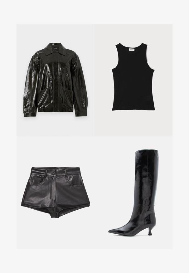 Veste en cuir noir brillant avec un col, fermeture éclair sur le devant et deux grandes poches à rabat. Présente une coupe ample avec des poignets élastiqués.; Débardeur noir à côtes avec un encolure ronde et de larges bretelles, présentant une finition texturée subtile et un petit détail en mesh au bas.; Shorts en simili cuir noirs à taille haute, dotés de deux poches frontales, de coutures apparentes et d'une texture lisse.; Bottes en cuir noir, montantes jusqu'au genou, avec une finition brillante, un bout pointu et un petit talon carré. Texture lisse, détails de couture minimalistes.
