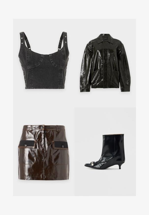 Veste en cuir noir brillant avec un col, fermeture éclair sur le devant et deux grandes poches à rabat. Présente une coupe ample avec des poignets élastiqués.; Ksubi DAUPHINE BUSTIER SHADOW - Débardeur - black; Mini-jupe en similicuir marron foncé brillant avec fermeture à boutons sur le devant et deux poches à rabat en tissu noir.; Bottine en cuir noir avec bout pointu, petit talon kitten bas et boucle décorative en argent sur le côté près de l'orteil.