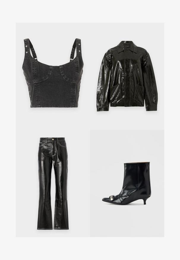 Zwarte, glanzende leren jas met een kraag, ritssluiting aan de voorkant en twee grote opgestikte zakken. Heeft een losse pasvorm met elastische manchetten.; Ksubi DAUPHINE BUSTIER SHADOW - Top - black; Zwarte, hooggehellen, flared broek van glanzend materiaal met contrasterende witte stiksels en een ritssluiting aan de voorkant. Inclusief twee zakken aan de voorkant.; Zwarte leren enkellaars met een spits toelopende neus, lage kittenhak en een decoratieve zilveren gesp aan de zijkant bij de neus.
