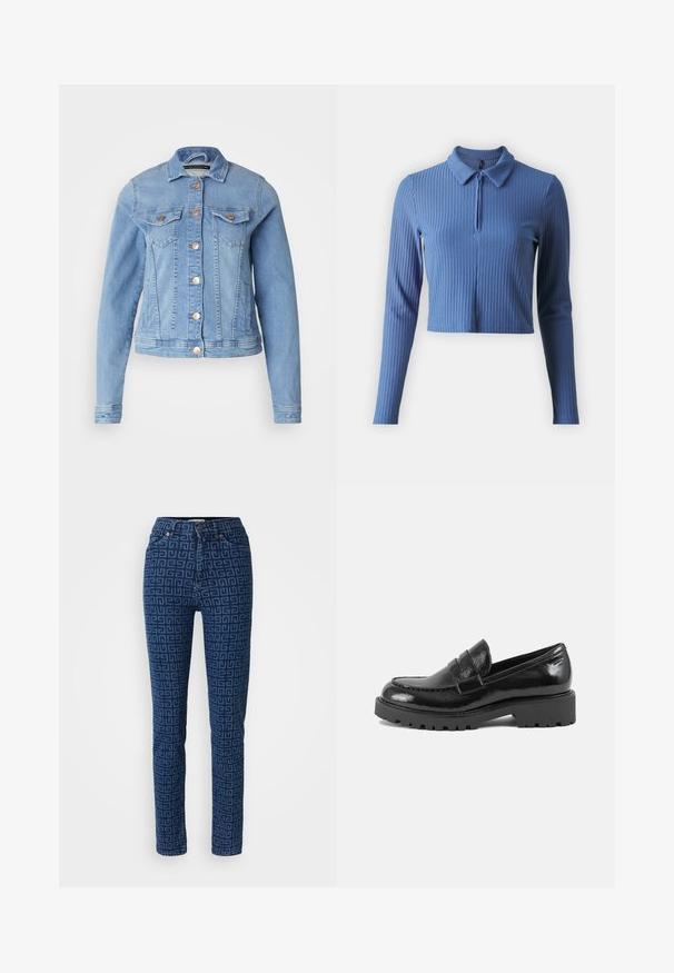 Lichtblauwe denimjack met een klassieke kraag, twee borstzakken, koperen knopen en een iets verkorte snit. Glad textuur en getailleerde vorm.; ONLY ONLNELLA HALF ZIP - Longsleeve - coronet blue; Donkerblauwe denimbroek met een geometrisch patroon. Standaard vijf-pocket ontwerp met koperen klinknagels en een knopengulp.; Zwarte laarsjes van patentaal leer met een gestructureerde neus, een decoratieve band over de wreef en een dikke, robuuste zool. Gladde, glanzende afwerking.