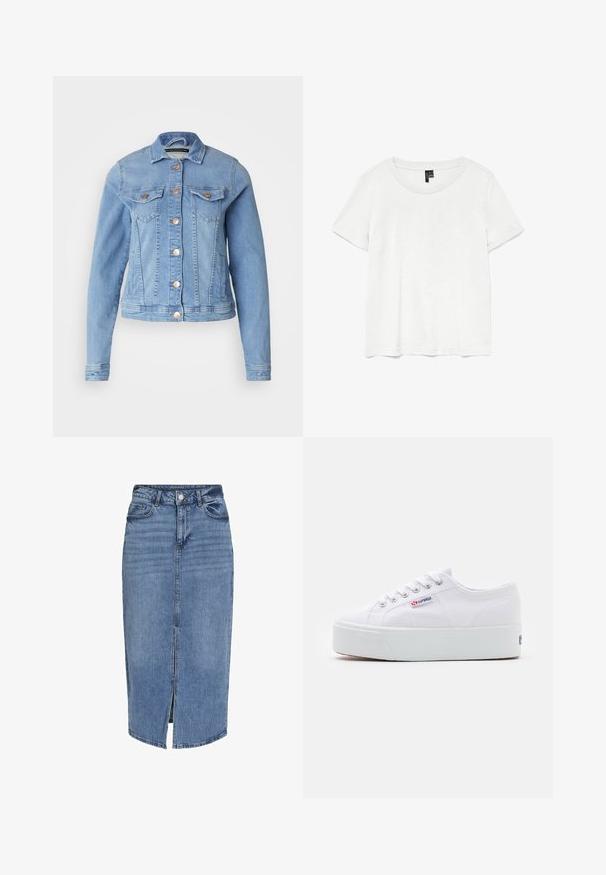Hellblaue Jeansjacke mit klassischem Kragen, zwei Brusttaschen, kupferfarbigen Knöpfen und einem leicht verkürzten Schnitt. Glatte Textur und taillierte Form.; Weißes T-Shirt mit kurzen Ärmeln und rundem Ausschnitt, hergestellt aus leichtem Stoff. Schlichtes Design, glatte Textur und gerader Saum.; Denim-Midikleid in Hellblau mit einem Schlitz vorne, fünf Taschen, Gürtelschlaufen und einem Knopfverschluss an der Taille. Klassische Passform und Textur.; Weiße Leinenschuhe mit einer dicken weißen Plattformsohle, runder Zehenpartie und Metallösen für die Schnürsenkel. Markenlogo an der Seite angebracht.