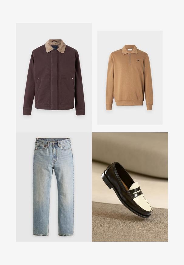 Dunkelbraune Jacke aus strapazierfähigem Stoff, mit einem Kordkragen, zwei Fronttaschen und einem geraden Schnitt.; Hellbrauner Pullover mit Reißverschluss am Kragen aus weichem Stoff, mit geripptem Saum und Bündchen, versehen mit einem kleinen schwarzen Logo auf der linken Brust.; Helle blaue Jeans mit hoher Taille, Frontknopf, Reißverschluss und fünf Taschen-Design, flach auf einem neutralen Hintergrund ausgelegt.; Schwarze Lederloafer mit einem cremefarbenen Schaft und schwarzen Akzentstreifen, ausgestattet mit einem niedrigen Absatz und detaillierter Naht entlang der Kanten.