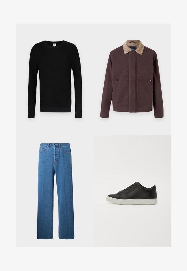 Mørkebrun jakke lavet af solidt stof, med en corduroykrave, to forlommer og en lige skæring.; Sort sweater med ribbet tekstur, rund hals og lange ærmer. Har et ensfarvet design og smalle manchetter ved ærmer og talje.; Lysblå denimjeans med lige ben. Har fem lommer, knaplukning og minimale syninger.; Sorte lædersneakers med rund tå, flad hvid gummisål og seks huller til snørebånd. Glat overflade, minimalistisk stil.