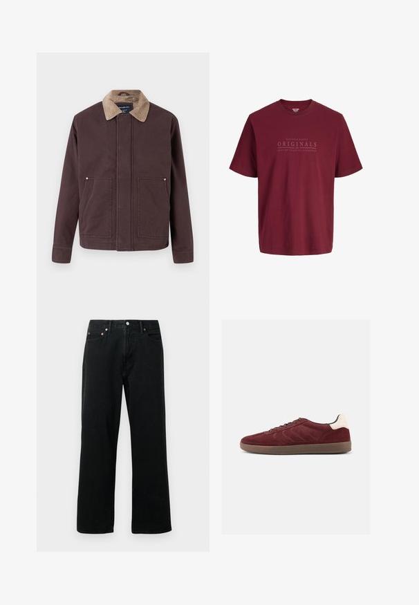 Veste marron foncé en tissu robuste, avec un col en velours côtelé, deux poches avant et une coupe droite.; T-shirt en coton bordeaux à manches courtes avec col rond et texte "Nineteen Ninety Originals 1990 Jack&Jones" imprimé sur la poitrine.; Jeans en denim noir avec une coupe droite, un design à cinq poches, des clous en métal et une fermeture à bouton. Le tissu a une texture douce avec un délavage minimal.; Baskets en daim bordeaux avec fermeture à lacets, détails texturés sur les côtés et accent de talon clair. Semelle en gomme avec une finition lisse.