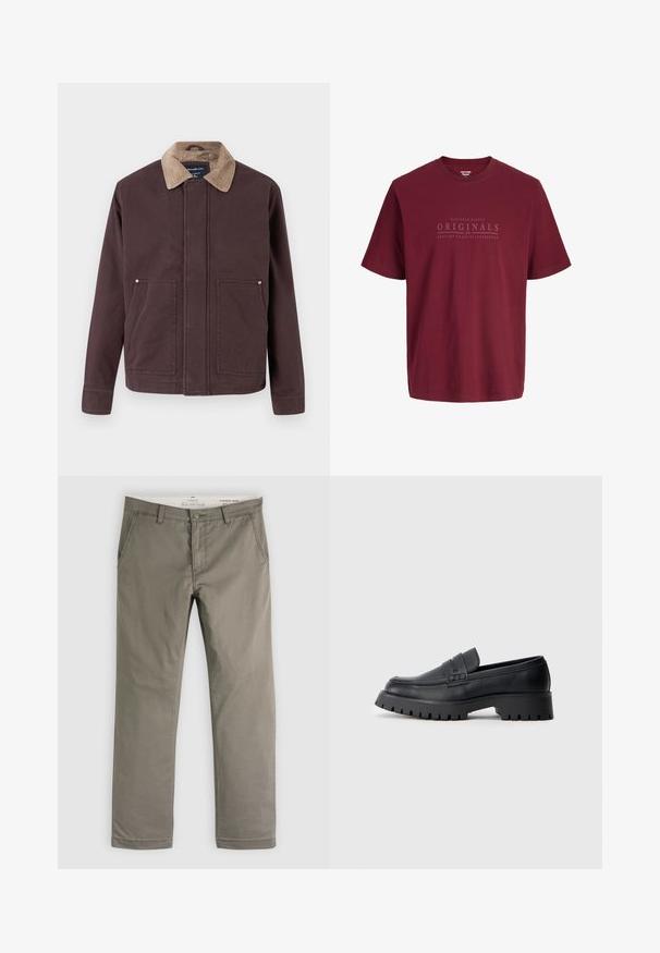 Veste marron foncé en tissu robuste, avec un col en velours côtelé, deux poches avant et une coupe droite.; T-shirt en coton bordeaux à manches courtes avec col rond et texte "Nineteen Ninety Originals 1990 Jack&Jones" imprimé sur la poitrine.; Pantalon droit kaki pour homme avec poches avant, passants pour ceinture et fermeture par bouton, étalé à plat sur un fond blanc.; Mocassins en cuir noir avec un bout arrondi, présentant une sangle décorative et une semelle en caoutchouc épaisse avec de profonds crampons pour une meilleure adhérence.