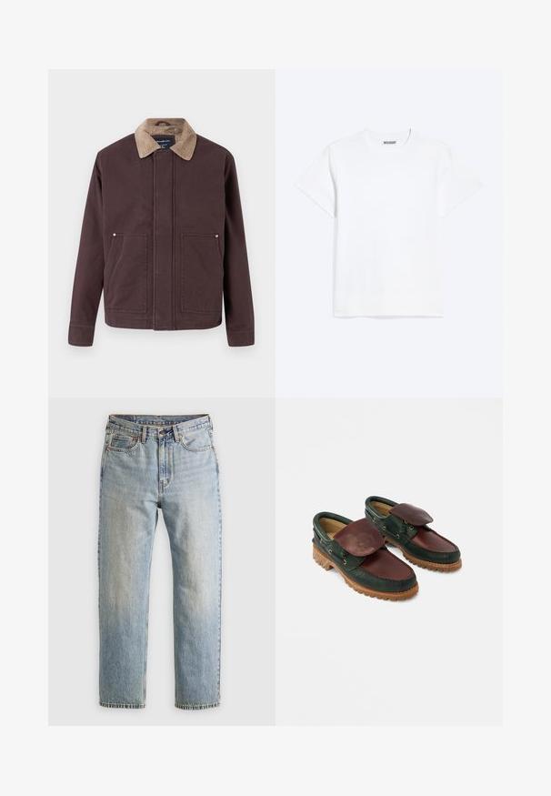Veste marron foncé en tissu robuste, avec un col en velours côtelé, deux poches avant et une coupe droite.; T-shirt blanc uni à manches courtes et col rond, avec une étiquette "WEEKDAY" à l'intérieur du col arrière, présenté sur un fond clair.; Jean en denim bleu clair à taille haute, avec bouton avant, fermeture éclair et design à cinq poches, posé à plat sur un fond neutre.; Chaussures en cuir avec un corps vert foncé, un dessus bordeaux, un bout rond, un rabat sécurisé et une semelle en caoutchouc texturée avec des rainures.