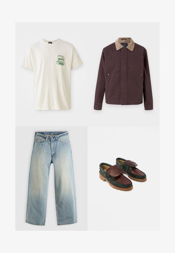 Mørkebrun jakke lavet af solidt stof, med en corduroykrave, to forlommer og en lige skæring.; Kortærmet cremet t-shirt lavet af bomuld. Har et grønt "Brooklyn Fruits"-grafik med en kurv fyldt med grøntsager og et lille lastbildesign.; Lyseblå, vidbenede cowboybukser med en falmet finish. Har et standard fem-lomme-design og lukning med metal knap.; Lædersko med en mørkegrøn krop og en burgunderrød top, rund tå, fastgjort klap og tekstureret gummisål med riller.