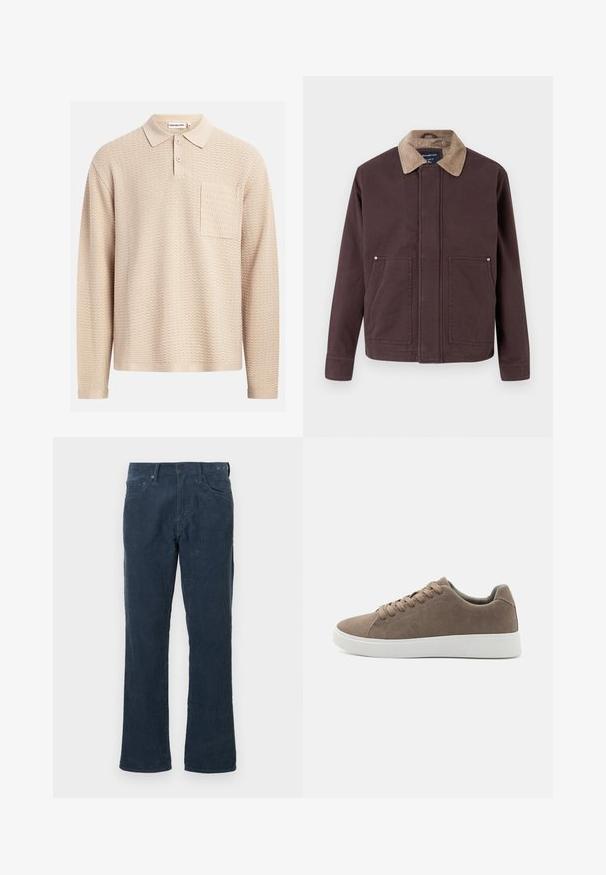 Veste marron foncé en tissu robuste, avec un col en velours côtelé, deux poches avant et une coupe droite.; Polo manches longues beige avec un motif en vague texturé, un col classique, trois boutons et une poche sur le côté gauche de la poitrine.; Pantalons en velours côtelé bleu marine avec une coupe droite, comportant des poches avant, une fermeture à bouton et une texture côtelée subtile.; Baskets en daim marron avec des semelles en caoutchouc blanc plat, design lacé, bout rond et texture lisse. Style minimaliste avec des détails de couture subtils.