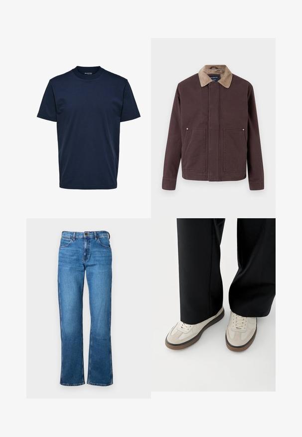Mørkebrun jakke lavet af solidt stof, med en corduroykrave, to forlommer og en lige skæring.; Herre plain mørkeblå T-shirt med korte ærmer og rund hals med almindelig pasform og uden synlige mønstre eller logoer.; Blå denim jeans med en lige ben-design, der har en klassisk fem-lomme stil, metalknap og lynlås. Glat tekstur, ingen mønstre.; Fødder iført beige sneakers med brune såler og sorte bukser med vide ben på hvid baggrund.