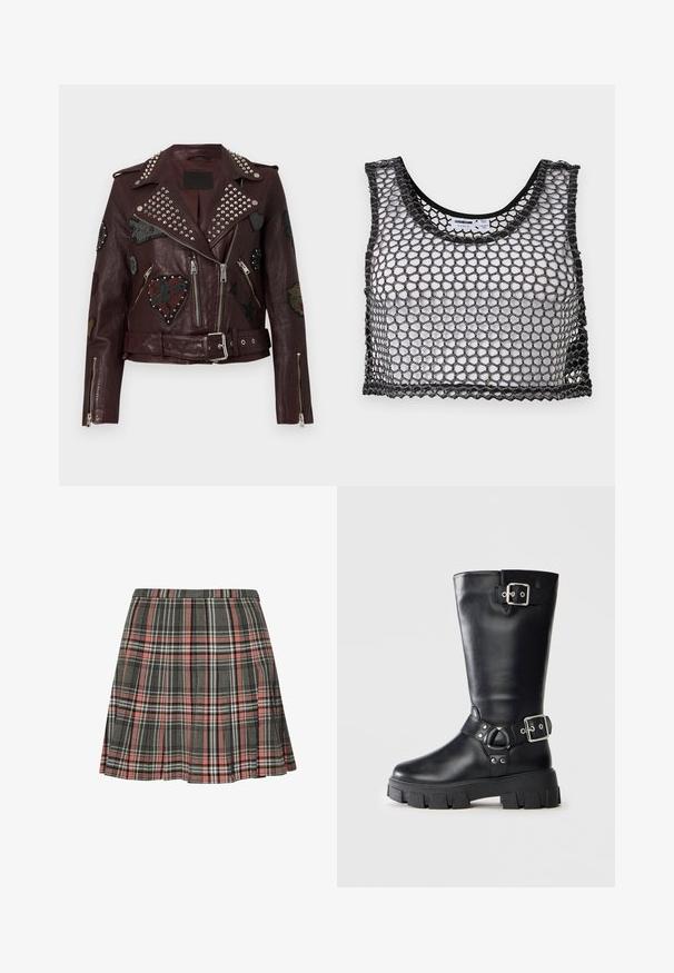 Veste de motard en cuir bordeaux avec des clous argentés, poches zippées et divers patchs brodés en forme de cœurs et d'étoiles. Taille ceinturée.; Haut court noir sans manches avec large maille en filet et bords festonnés, posé à plat montrant l'avant et les détails de l'étiquette intérieure.; Jupe à carreaux en gris et rose, présentant un design plissé avec des accents noirs et blancs. Fabriquée en tissu tissé, longueur mi-cuisse.; Botte en cuir noire mi-mollet avec semelle épaisse à crampons, deux sangles à boucle en argent - une en haut et une autour de la cheville.