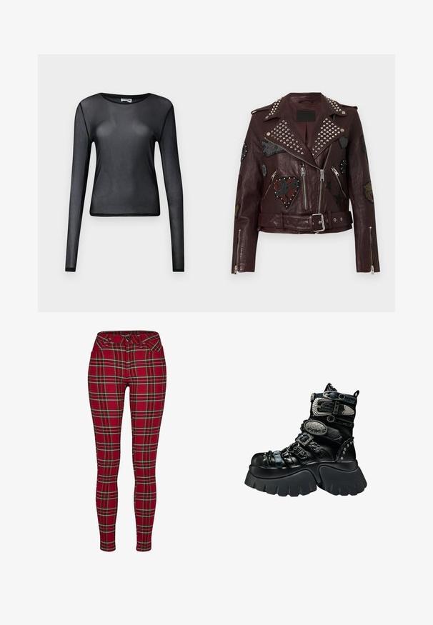 Bordeauxrode leren bikerjas met zilverkleurige studs, ritssluitingen en diverse geborduurde patches van harten en sterren. Taille met riem.; Zwarte lange mouwen doorzichtige mesh top met ronde hals en aansluitende pasvorm, weergegeven op een effen achtergrond.; Rode geruite skinny jeans met een aansluitend ontwerp, voorzien van gele en zwarte lijnen, een knoopsluiting en standaard voorkeurluizen.; Zwarte plateau-laars met dikke zool, meerdere gestructureerde bandjes, zilveren gespen, decoratieve metalen accenten en met studs versierde details.