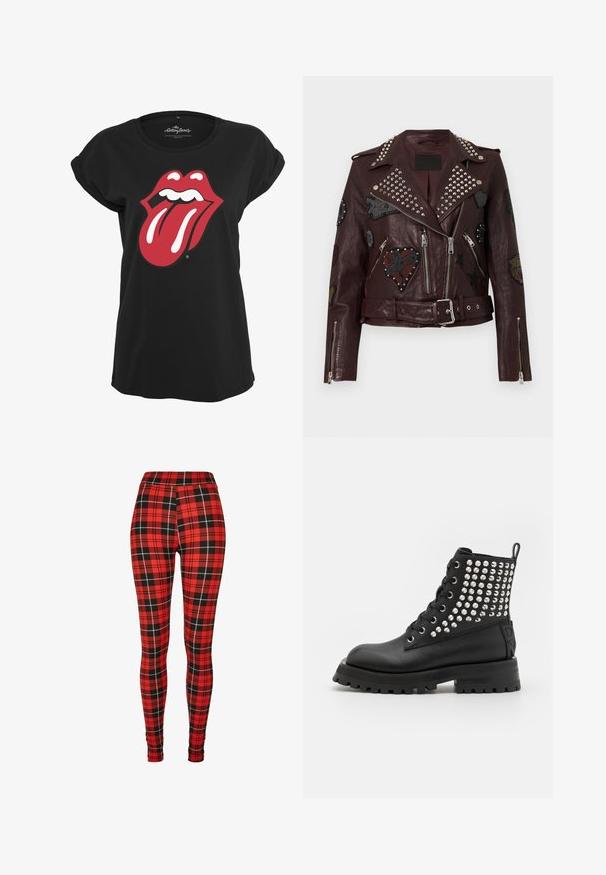 Veste de motard en cuir bordeaux avec des clous argentés, poches zippées et divers patchs brodés en forme de cœurs et d'étoiles. Taille ceinturée.; T-shirt noir en coton avec un motif graphique en rouge et blanc du logo des Rolling Stones représentant des lèvres et une langue sur le devant. Encolure ronde.; Leggings à carreaux rouges présentant un motif à damiers noir et blanc. Fabriqués en matière extensible avec un design taille haute.; Bottines noires avec une finition en cuir lisse, ornées de clous argentés sur le côté, d'œillets en métal et d'une semelle crantée épaisse.