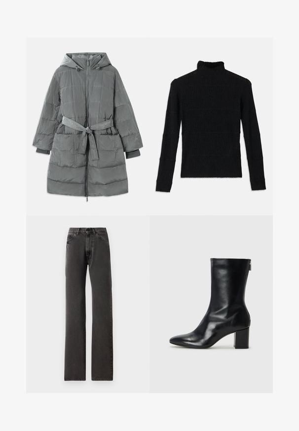 Manteau matelassé gris surdimensionné avec capuche, fermeture éclair sur le devant, taille ceinturée, deux poches avant et tissu texturé matelassé.; Pull en maille côtelée noir à col roulé, à manches longues et finition texturée. Présente des rayures horizontales et un ourlet festonné au niveau des manches.; Jean noir à jambe droite avec poches avant, passants de ceinture, fermeture à bouton et coutures visibles sur un fond blanc.; Bottine en cuir noir avec un bout pointu et un talon carré de 4 cm. Design élégant avec une fermeture éclair sur le côté pour un enfilage facile. Texture lisse.