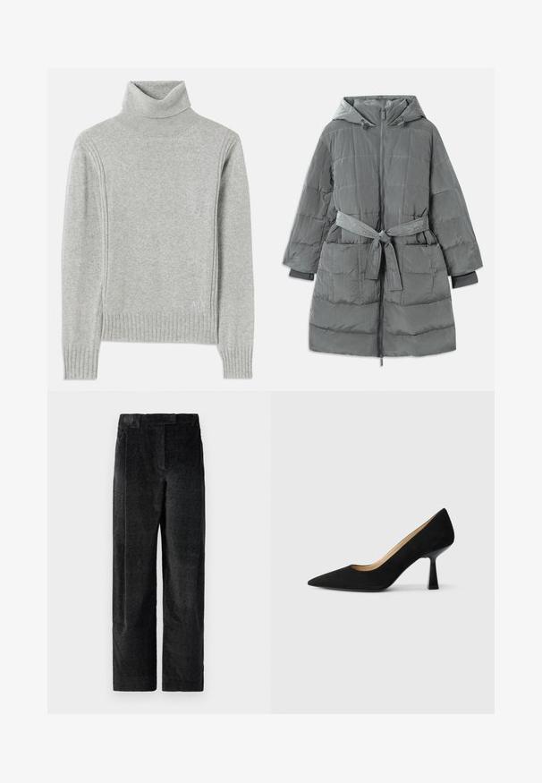 Grå, overdimensioneret pufferjakke med hætte, frontlynlås, bælte i taljen, to forlommer og struktureret, quiltet stof.; Lys grå turtleneck sweater lavet af blødt stof. Har ribbede manchetter og kanten, samt et diskret logo nederst til højre.; Sorte, strukturerede bredbenede bukser med en markant vævning, der har forfrits og en flad talje. Klassisk design for alsidighed.; Sorte ruskinds højhælede pumps med spids tå, der har en blank sort blokhæl og en glat indvendig foring.