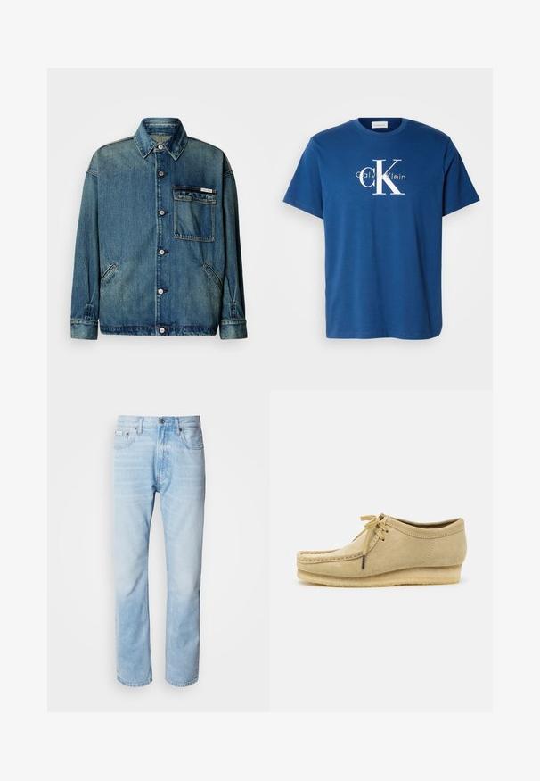 Blauwe denimjack met knoopsluiting, kraag, opgestikt borstzakje met logotag, en twee schuin geplaatste zijzakken op een witte achtergrond.; Blauwe katoenen T-shirt met een ronde halslijn, korte mouwen en een wit "CK" logo met de tekst "Calvin Klein" eronder in contrasterend lichtgroen.; Lichtblauwe denim jeans met een rechte pijp, met vervaagde delen, vijf-pocket ontwerp en een klassieke knoopsluiting.; Beige suède schoen met een vetersluiting, gestikte details en een rubberen zool. De vorm is casual met een lichte sleehak.