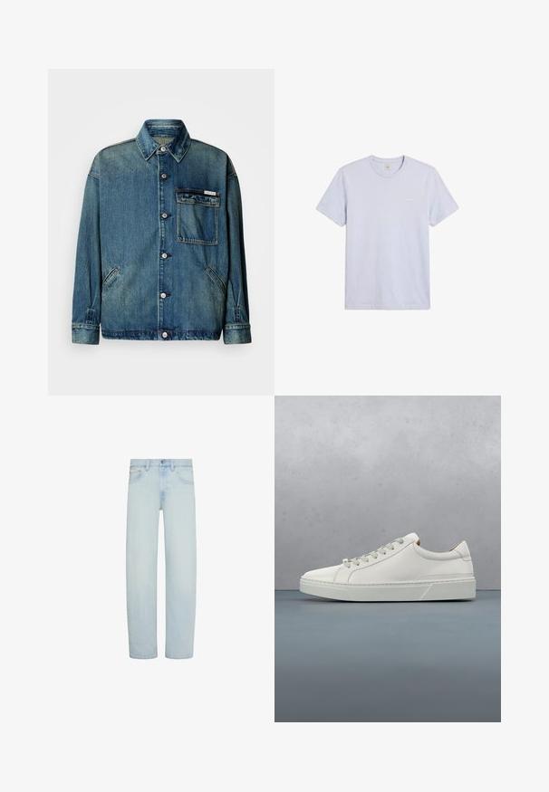 Veste en denim bleu avec fermeture à boutons, col, poche poitrine à rabat avec étiquette logo, et deux poches latérales en biais sur fond blanc.; T-shirt uni gris clair à manches courtes et col rond avec petit logo blanc Calvin Klein sur le côté gauche de la poitrine.; Jean en denim bleu clair avec coupe droite, fermeture avant par bouton et zip, passants pour ceinture, et poches avant.; Baskets en cuir blanc avec un bout arrondi, design minimaliste, lacets gris et semelle en caoutchouc gris texturé. Détails de couture subtils visibles.