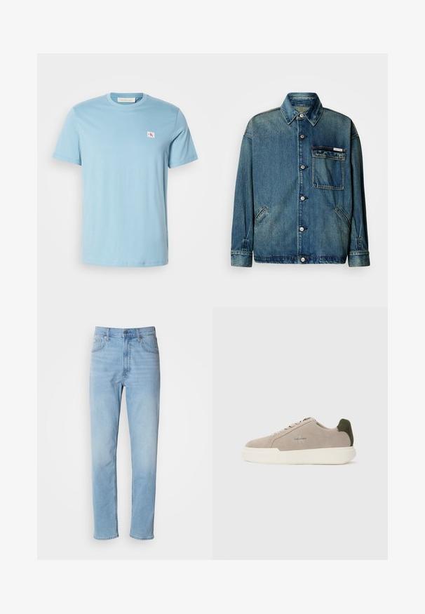 Blaue Denim-Jacke mit Knopfverschluss, Kragen, aufgesetzter Brusttasche mit Logosticker und zwei schrägen Seitentaschen auf weißem Hintergrund.; Helles blaues Baumwoll-T-Shirt mit kurzen Ärmeln, rundem Halsausschnitt und kleinem Logopatch auf der linken Brust. Glatte Textur und schlichte Gestaltung.; Hellblaue Jeans mit geradem Schnitt, fünf Taschen und Gürtelschlaufen. Der Stoff hat eine glatte Textur mit einem leichten Verblassungseffekt.; Beige Wildledersneaker mit einer weißen Gummisohle, die einen dunkelgrünen Akzent an der Ferse und dezente Markenaufschrift an der Seite aufweisen.