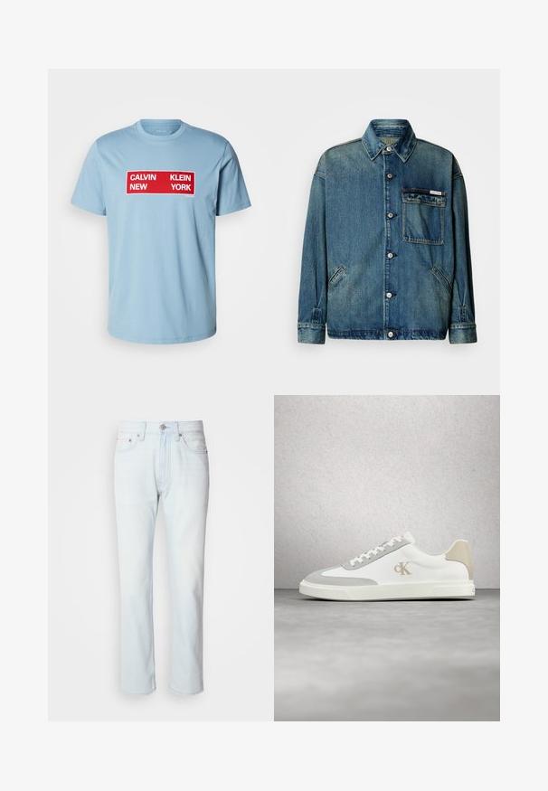 Modrá denimová bunda s gombíkovým zapínaním, golierom, náprsnínou s vreckom a logom, a dvoma šikmými bočnými vreckami na bielom pozadí.; Calvin Klein Jeans BOX GRAPHIC TEE - Tričko s potlačou - smoke blue; Svetlomodré riflové nohavice so strihom rovného nohavice. Majú gombíkový uzáver a pútka na opasok, pričom preukazujú vyblednutú štruktúru a minimálne šitie.; Biela teniska Calvin Klein s béžovými semišovými akcentmi a logom, vznášajúca sa nad hladkou sivou podlahou s pozadím zo sklenených blokov.