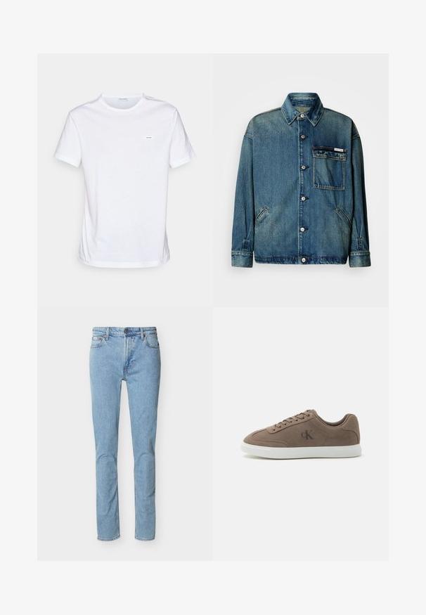 Blaue Denim-Jacke mit Knopfverschluss, Kragen, aufgesetzter Brusttasche mit Logosticker und zwei schrägen Seitentaschen auf weißem Hintergrund.; Weißes Baumwoll-T-Shirt mit kurzen Ärmeln, Rundhalsausschnitt und einem kleinen Markenlabel auf der Brust. Glatte Textur und minimalistisches Design.; Hellblaue Slim-Fit-Jeans mit hohem Bund, vorderer Knopf- und Reißverschluss, Gürtelschlaufen und Fünf-Taschen-Design.; Taupefarbener Wildleder-Low-Top-Sneaker mit beigen Schnürsenkeln, weißer Gummisohle und dezentem "cK"-Logo an der Seite.