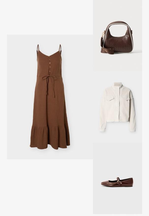 Veste en velours côtelé couleur crème avec col montant, poches à rabat à l'avant, poignets élastiques et fermeture frontale dissimulée, présentée sur un fond uni.; Robe midi marron sans manches avec fines bretelles, boutons sur le devant, ceinture à la taille et ourlet à volants en tissu texturé.; Ballerine en cuir verni marron avec un bout carré et une lanière ornée d'une petite boucle dorée. Texture lisse, talon bas et design minimaliste.; Sac à main en cuir tressé marron avec passepoil blanc, fermeture éclair dorée et bandoulière amovible en tissu marron.