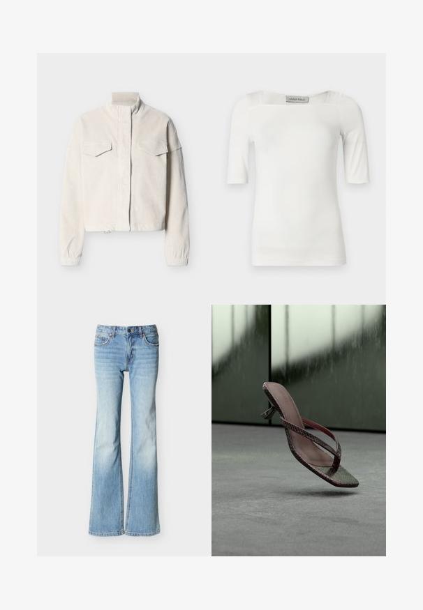 Veste en velours côtelé couleur crème avec col montant, poches à rabat à l'avant, poignets élastiques et fermeture frontale dissimulée, présentée sur un fond uni.; Haut blanc à manches courtes avec un décolleté carré, fabriqué dans un tissu lisse, présentant des détails discrets de coutures sur les épaules et les côtés.; Jean denim bleu clair taille haute avec jambes évasées, poches avant et fermeture à bouton et fermeture éclair, présenté sur un fond blanc.; Sandale à talon marron à texture peau de serpent avec fines lanières, suspendue au-dessus d’un sol moquetté gris sur un fond sombre et flou.