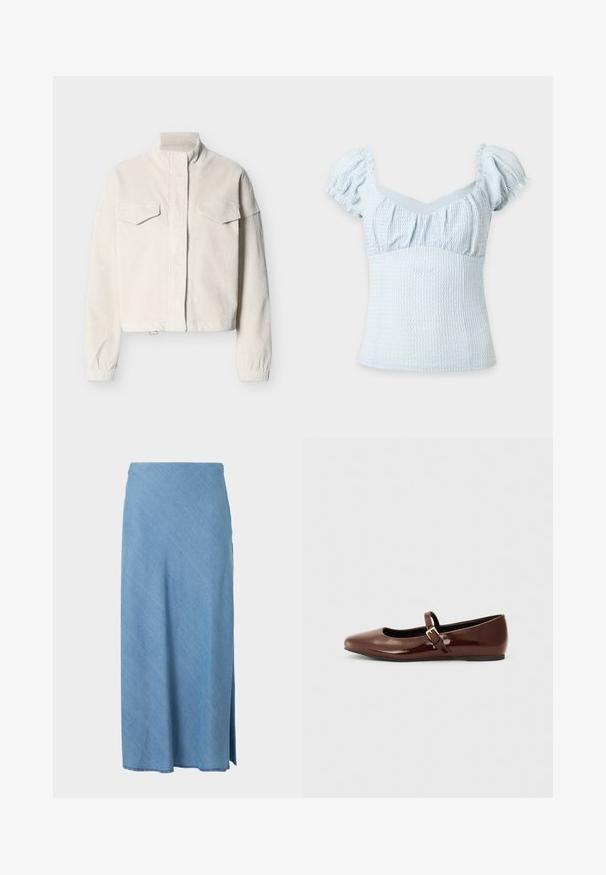 Veste en velours côtelé couleur crème avec col montant, poches à rabat à l'avant, poignets élastiques et fermeture frontale dissimulée, présentée sur un fond uni.; Haut bleu clair texturé à manches courtes bouffantes et corsage smocké ajusté sur fond uni.; Jupe midi bleu clair à coupe droite avec une petite fente latérale, en tissu doux.; Ballerine en cuir verni marron avec un bout carré et une lanière ornée d'une petite boucle dorée. Texture lisse, talon bas et design minimaliste.
