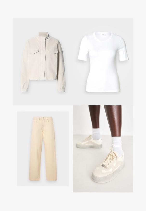 Chaqueta de pana color crema con cuello alto, bolsillos delanteros con solapa, puños elásticos y cierre frontal oculto, mostrada sobre un fondo liso.; Camiseta blanca de manga corta hecha de algodón liso, con escote redondo y forma ajustada. Diseño clásico, sin estampados ni adornos.; Pantalones beige de pierna recta con botón y cremallera delanteros, trabillas para cinturón y diseño de cinco bolsillos sobre un fondo liso y claro.; Zapatillas beige con detalles de cuero suave y ante, suela de goma gris, patrones texturizados y un logo metálico de la marca en el lateral.