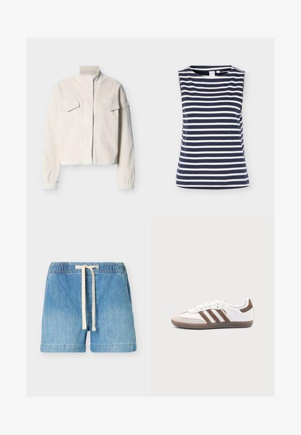 Veste en velours côtelé couleur crème avec col montant, poches à rabat à l'avant, poignets élastiques et fermeture frontale dissimulée, présentée sur un fond uni.; Haut sans manches rayé horizontal bleu marine et blanc avec col rond, en tissu coton doux, présenté sur fond uni.; Short en denim bleu clair avec taille élastique et cordon blanc, poches avant et ourlet droit.; Baskets Adidas Samba blanches avec des bandes en daim marron, semelle en caoutchouc marron et bout en daim beige, vues du côté extérieur sur un fond uni.