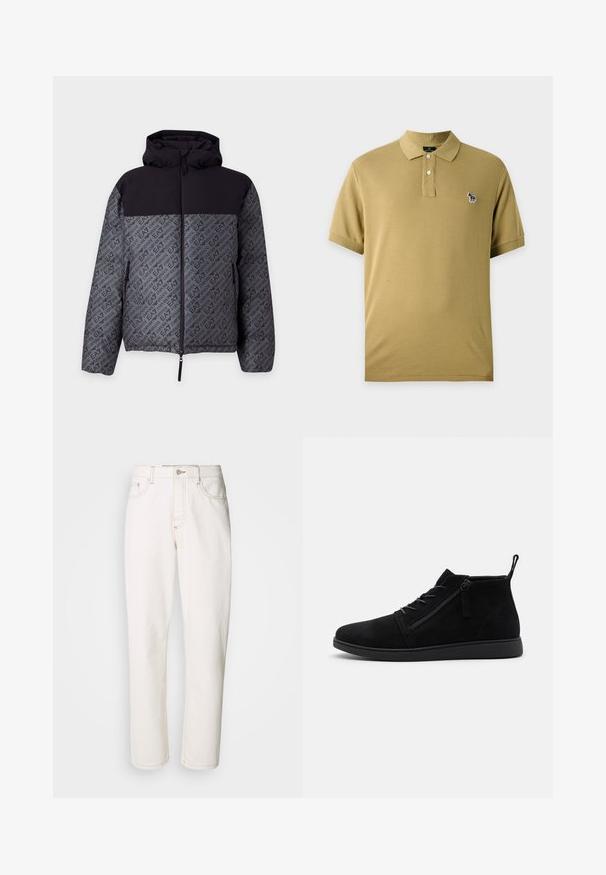 Chaqueta con capucha para hombre en negro y gris con estampado de logotipo Emporio Armani EA7 por toda la prenda y cierre delantero con cremallera.; Polo beige de manga corta con dos botones y un pequeño logo de cebra multicolor bordado en el pecho izquierdo.; Vaqueros de mezclilla blanca con un diseño de pierna recta, que presentan costuras cosidas, un cierre de botón metálico y una construcción estándar de cinco bolsillos.; Las botas de tobillo de ante negro cuentan con una punta redondeada, cordones frontales y una cremallera lateral. La suela es plana con un acabado texturizado para un mejor agarre.