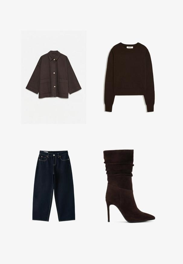 Veste oversize marron foncé avec manches larges, fermeture à boutons, deux poches avant et col classique sur fond blanc.; Pull en maille marron foncé à manches longues avec poignets, ourlet et encolure ronde côtelés, posé à plat sur fond blanc.; Jean bleu foncé à jambes larges avec cinq poches, fermeture par bouton et coutures contrastées sur fond blanc.; Bottine en suède brun avec un haut drapé, un bout pointu et un talon aiguille haut. Elle présente une surface texturée et une silhouette lisse.