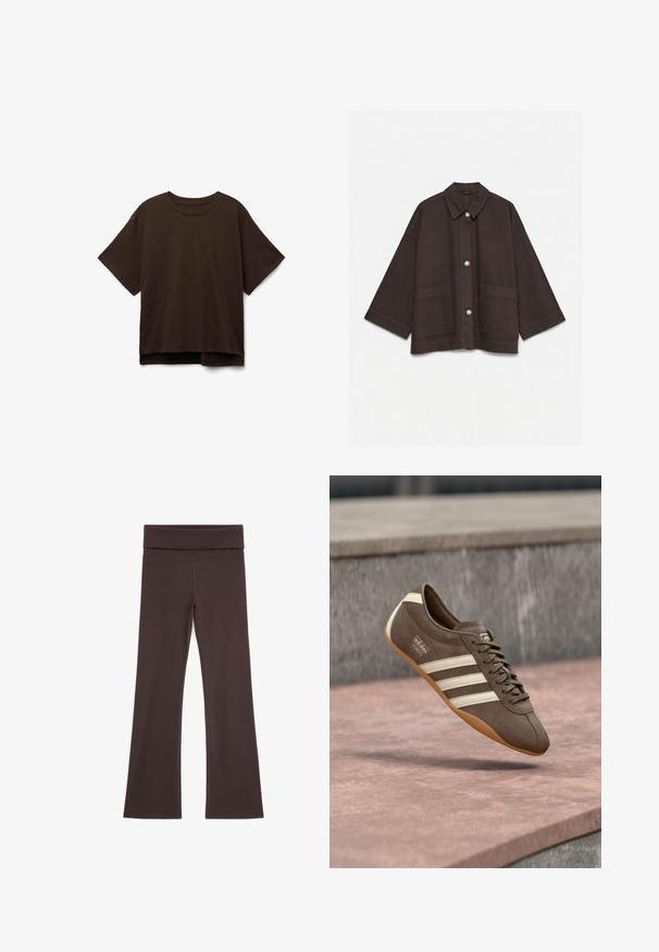 Chaqueta oversize marrón oscuro con mangas anchas, cierre con botones, dos bolsillos delanteros y cuello clásico sobre fondo blanco.; Camiseta de manga corta marrón en suave material de algodón. Cuello redondo, ajuste holgado y un dobladillo trasero ligeramente más largo. Textura suave, sin patrones.; Pantalones de yoga acampanados de color marrón oscuro con una cinturilla ancha doblada hacia arriba, mostrados extendidos sobre un fondo blanco.; Zapatilla de ante marrón con rayas blancas y marca, con puntera redonda y suela de goma color caramelo, suspendida sobre una superficie texturizada.